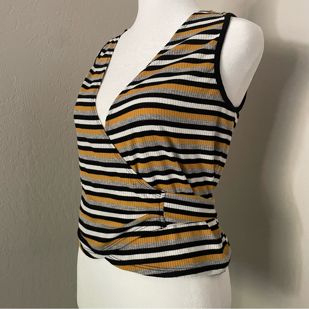 William B Ribbed Striped Wrap Tank Top V neck Women’s S Black, White, Yellow - Picture 5 of 6